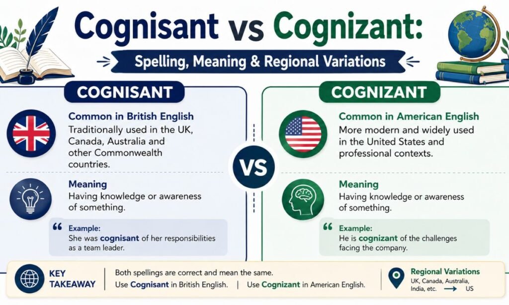 Cognisant vs Cognizant Spelling, Meaning & Regional Variations